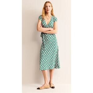 Boden Joanna Cap Sleeve Wrap Tie Dress Size 2 Jersey Knit Green Pink EUC Midi